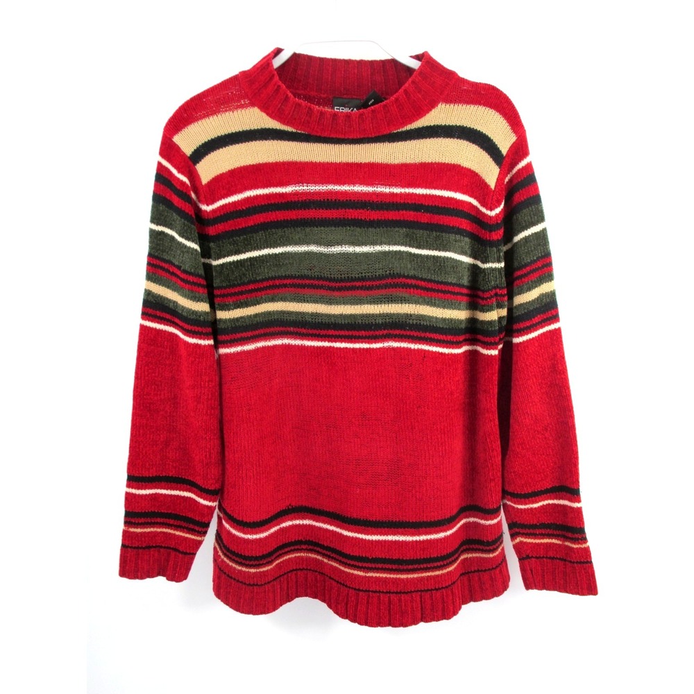 ERIKA Vintage Velour Striped Sweater Women Petite M Red Y2K Preppy Pullover